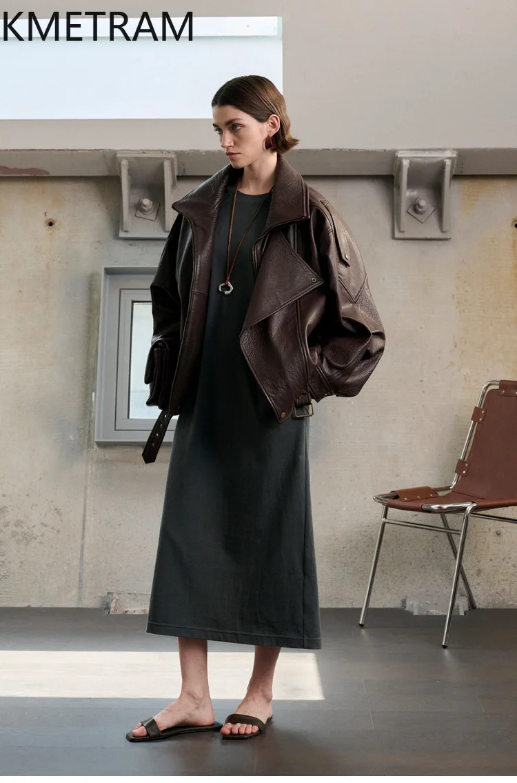 KMETRAM Genuine Sheepskin Leather Jacket Woman Fashion Oversized Moto Jackets Autumn Loose Biker Coat 2026 Women Clothes jaqueta