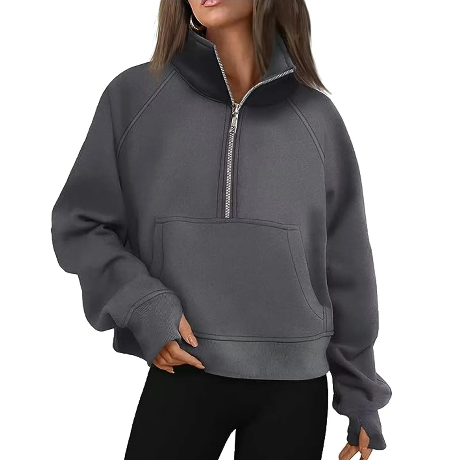 Autumn Casual Fashion Hoodies Women Half Zip Hooded Sweatshirt Loose Fit Stand Up Collar Fleece-Lined Hooded Top for Sports