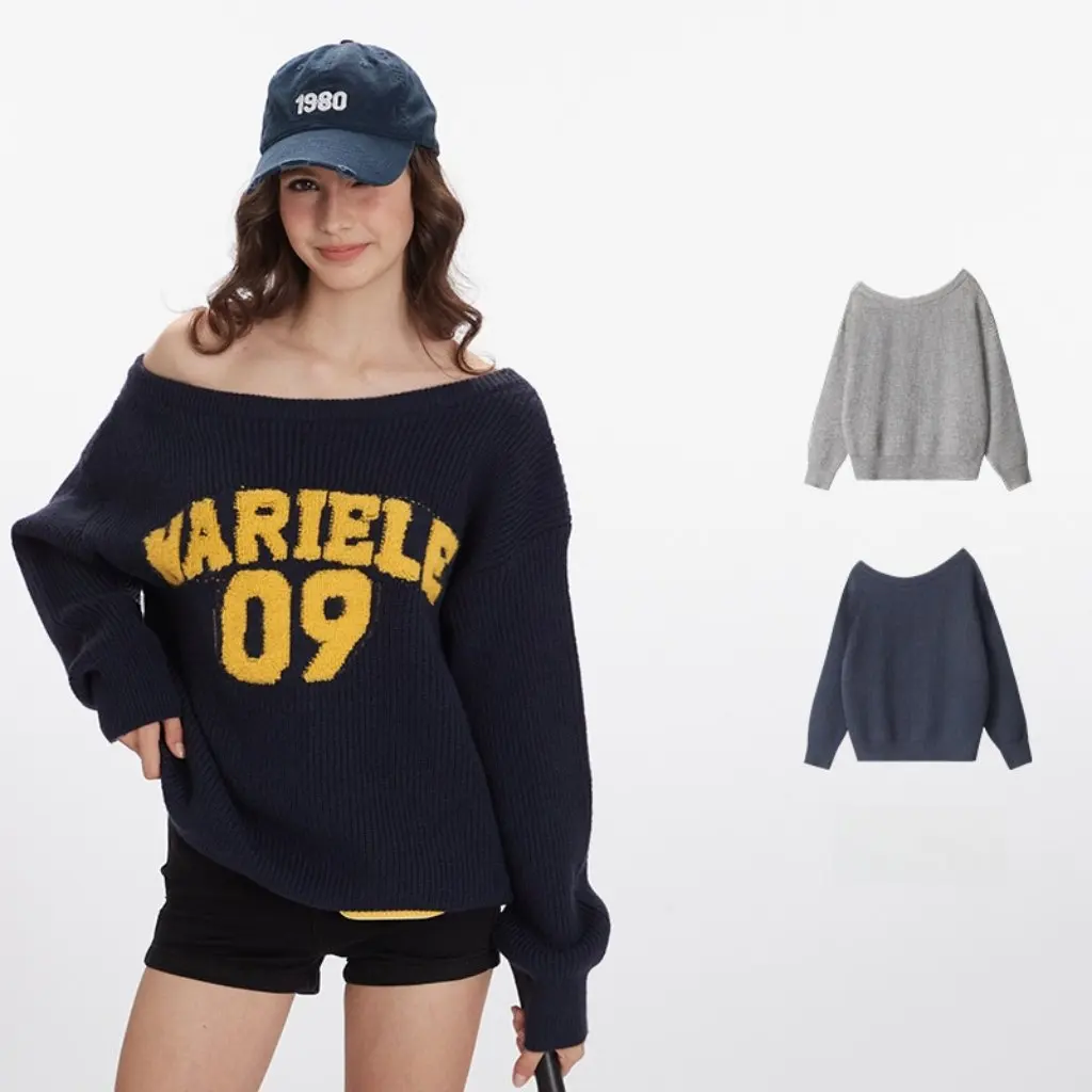 

HeyHenry Women's American Letter Knitted Sweater Loose Shoulder Pullover Vintage Slant Collar Jacquard Casual Style
