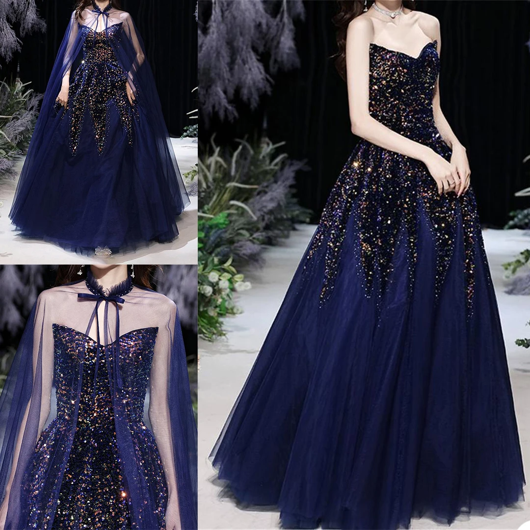 Elegant Evening A-Line Dresses For Women Sequins Strapless Bridal Gown Slim Fit  Backless Dress With Jacket Evening Party Skirt