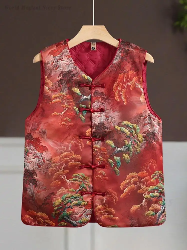 Mom Ladies Sleeveless Outerwear Top Women Autumn Winter Chinese Style Padded Vest Frog Button Retro Warm Tang Suit Waistcoat