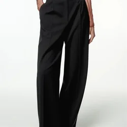 PB&ZA 2024 Women's New Straight Loose Pants for Professional Commuter Small Pleated High Waist Wide Leg Pants