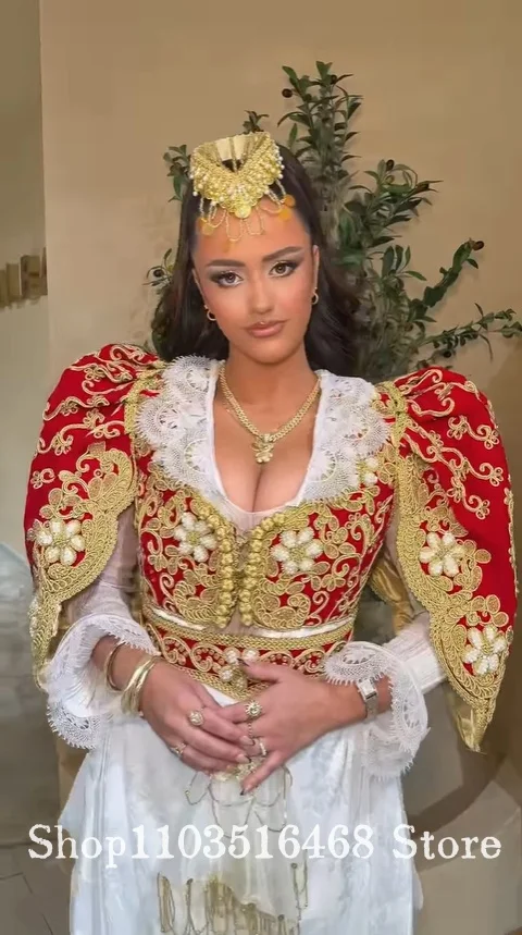 Traditional Red Algerian Wedding Dress Ethnic Bridal Gown Gold Appliqué Muslim Bridal Customized Wedding Party Dress Evening Gow