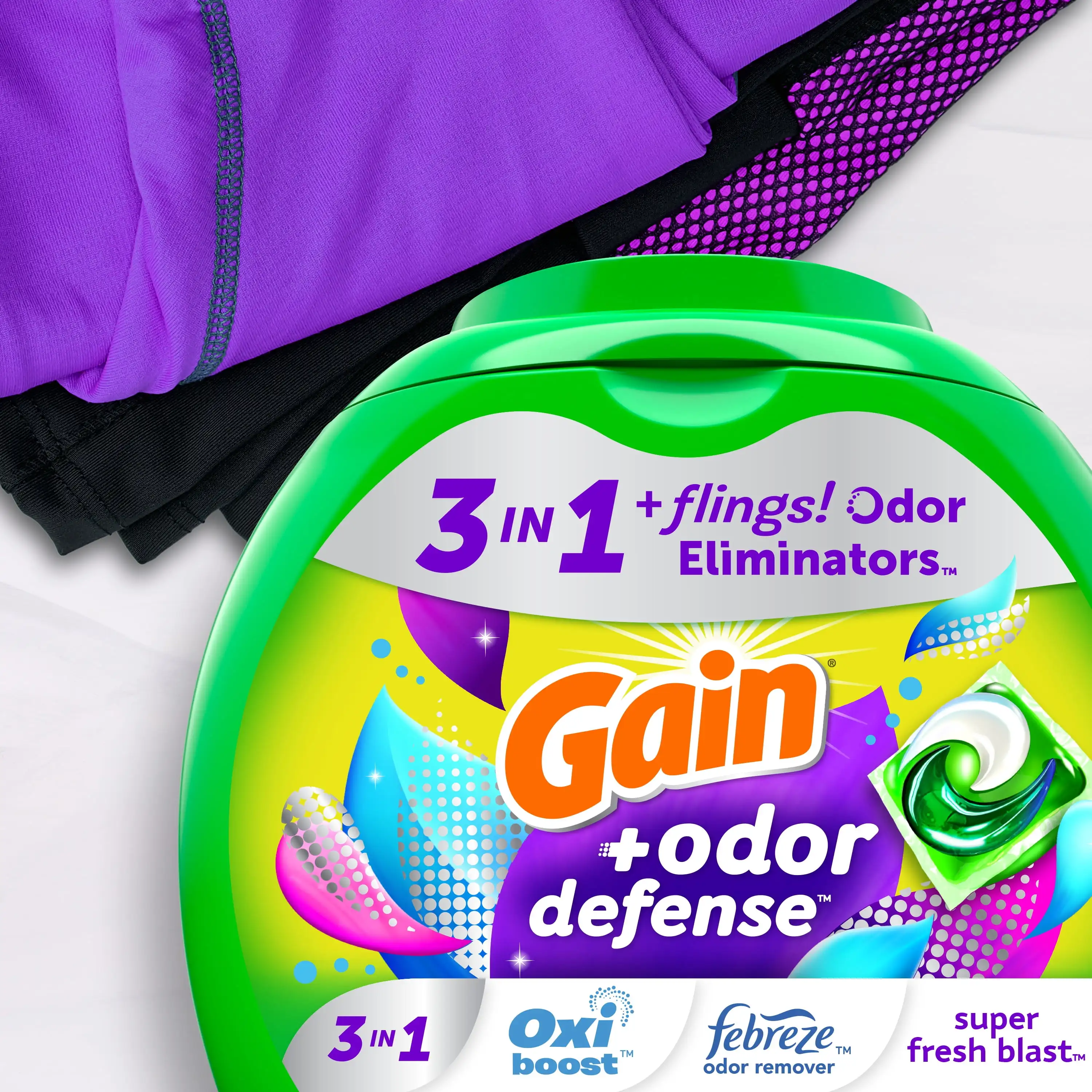 Paczki do prania 102 sztuki z technologią Odor Defense, zapach Super Fresh Blast, 3w1 do usuwania plam i nieprzyjemnych zapachów.