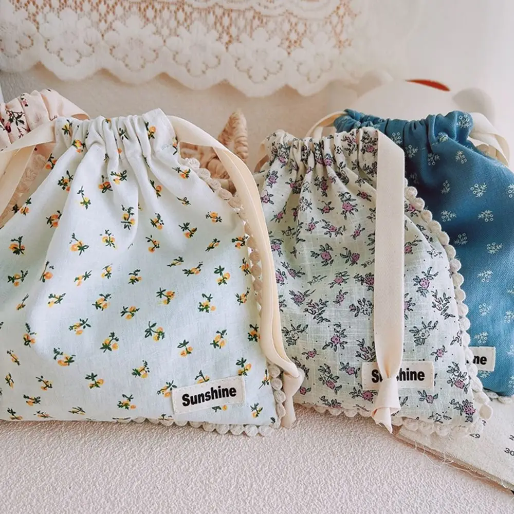 Floral Cotton Small Cloth Bag Cosmetic Cases Dust-proof Drawstring Bundle Pocket Cosmetic Bag Makeup Bags Jewelry Storage Bag