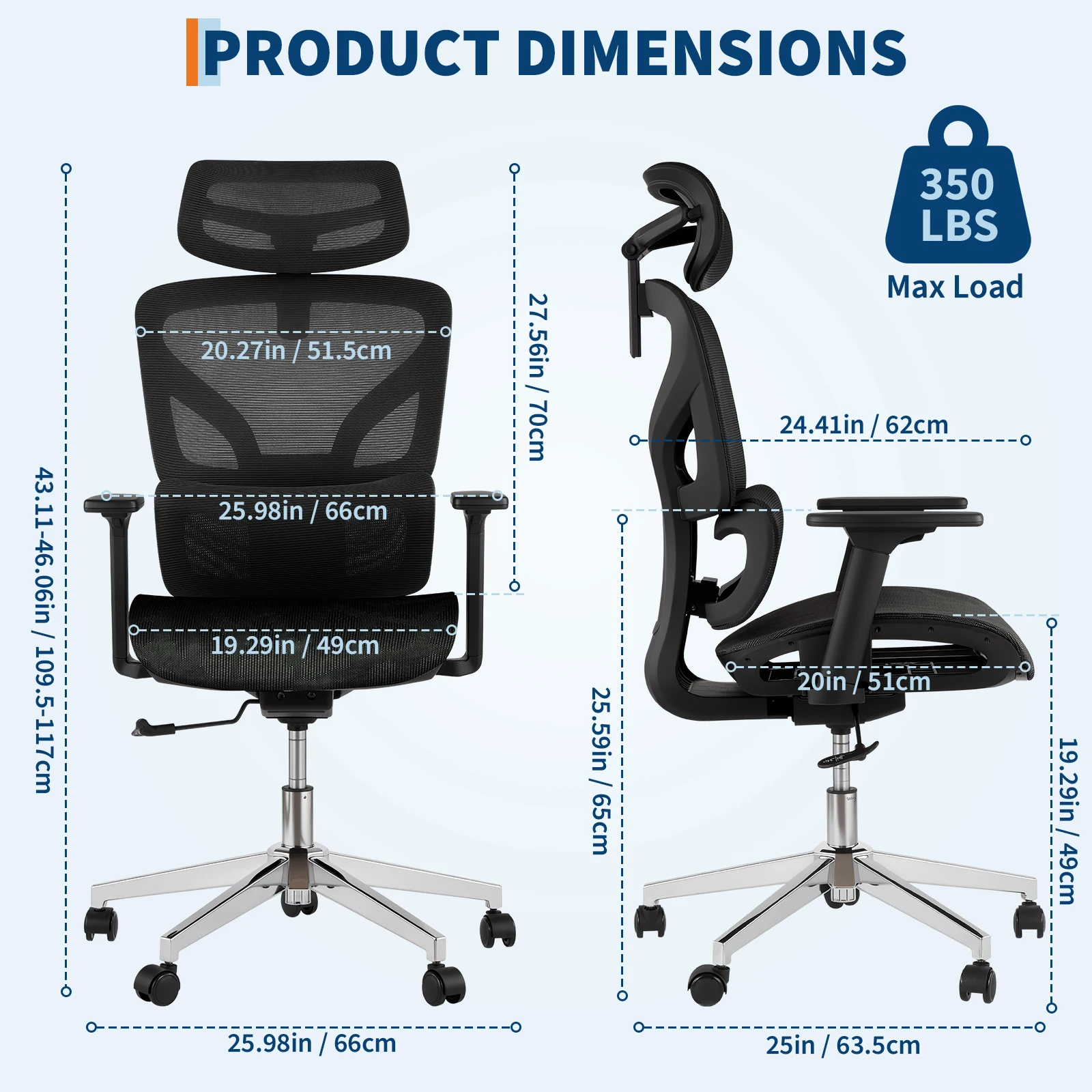 Ergonomic High Back Mesh Office Chair with Adaptive Lumbar Support - 3D Headrest, 4D Adjustable Armrests, Sliding Seat Depth, Recline & Swivel, 350 lb Capacity