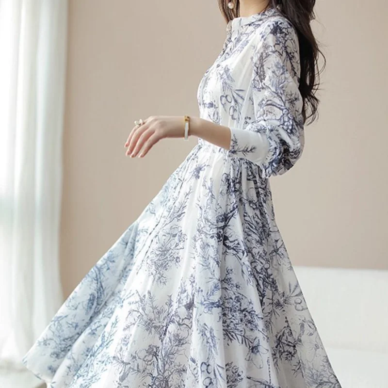 Theepauze Klassieke prints Chinese stijl High-end elegant temperament Veelzijdige taille-knuffelende mode Trendy jurk met lange mouwen