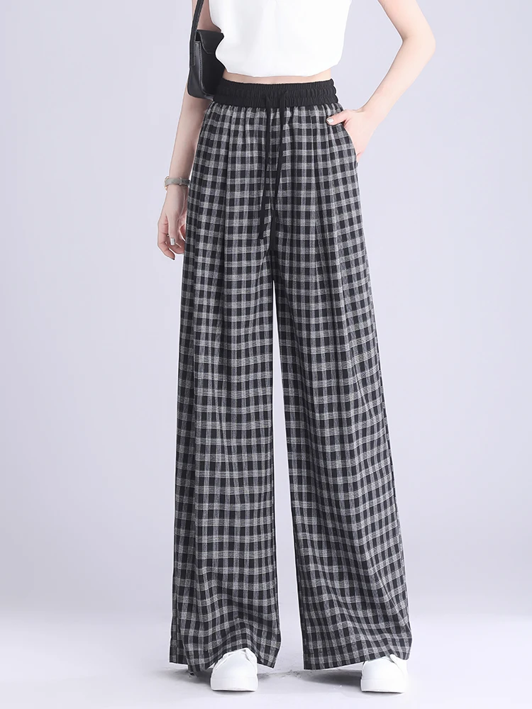 

Женские летние тонкие брюки с высокой талией в клетку, широкие, свободного кроя, повседневные, прямые, в корейском стиле, для офиса и города