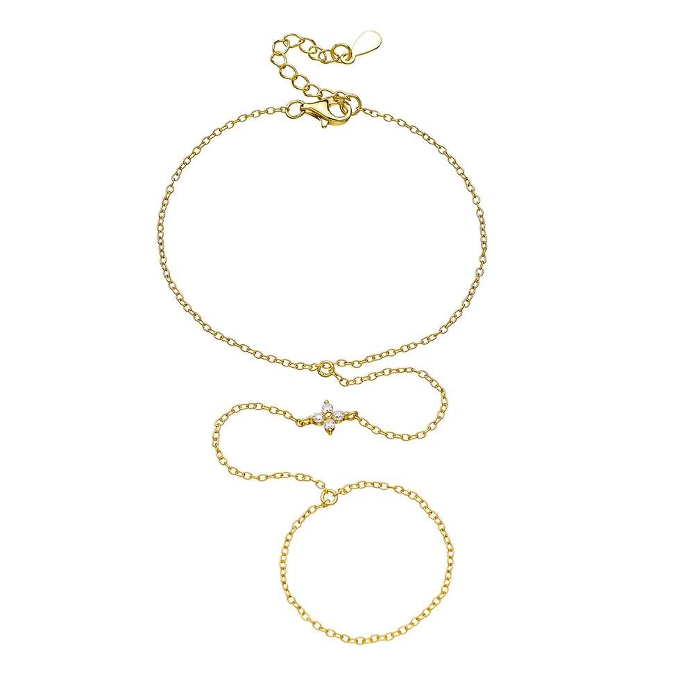 S925 Sterling Silver Four-leaf Clover Zircon Pendant Finger Chain Women's Luxury Ins Style 14K Gold Plated Hand Bracelet