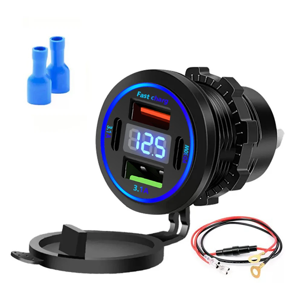 PD30W Car Charger Cigarette Lighter Socket Waterproof USB Fast Charge With Voltmeter 12/24V Quick Charge Adapter