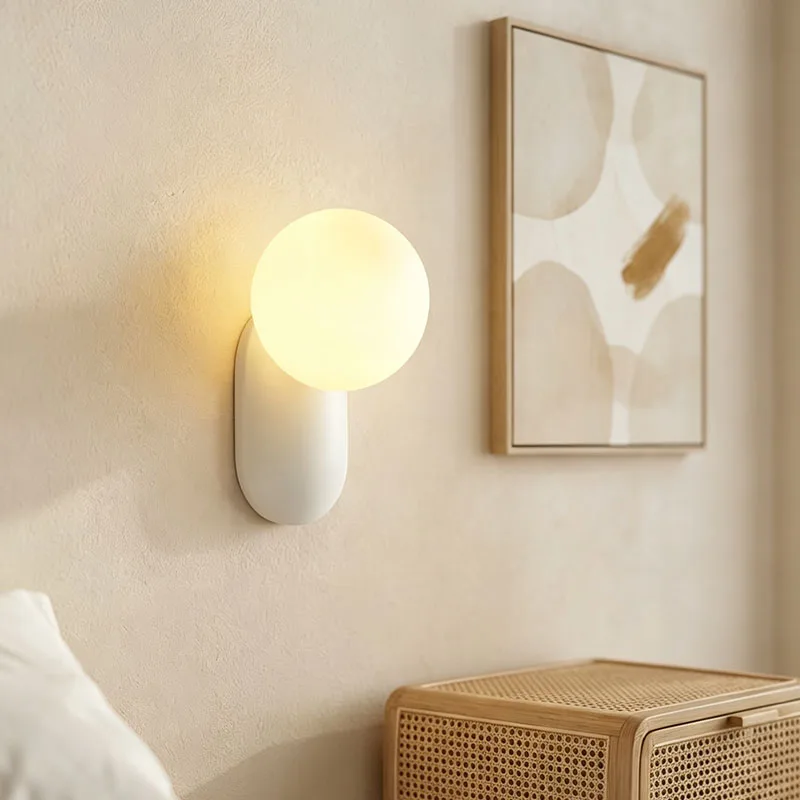 Cream Minimalist Wall Lamp Ball Cover Resin Wall Light Bedside Wall Sconce Corridor Aisle Light Wire Free Kids Room Night Lights