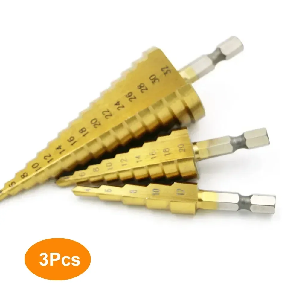 

3PcsTitanium Coated Hexagonal shank/triangular shank Step Drill Bits Set Pagoda Drill 4-32mm 4-20mm 4-12mm HSS Drill Hole Tools