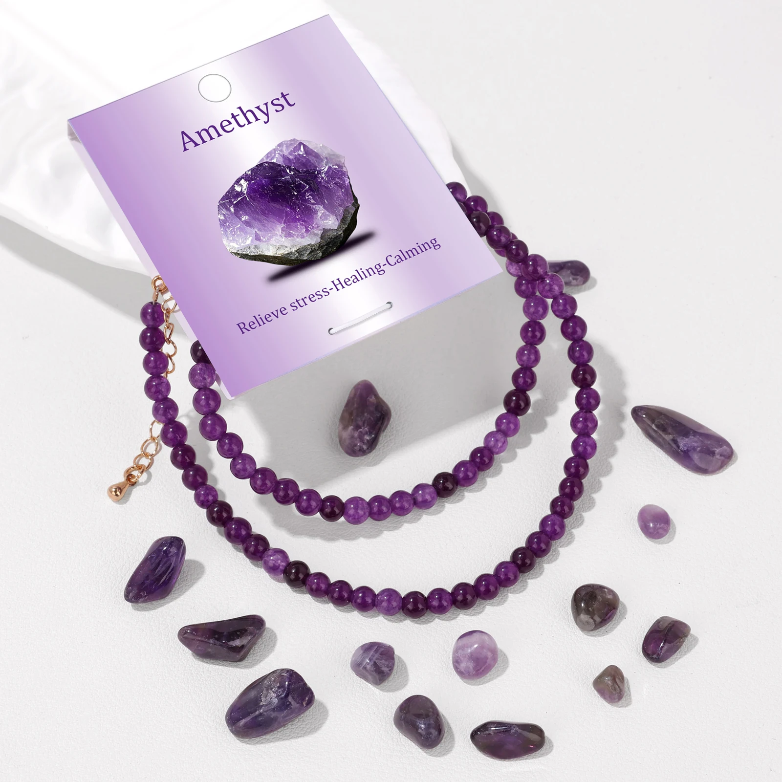 4mm Natural Amethysts Round Beads Necklace with Card for Women Female Healing Reiki Spiritual Energy Necklace Jewelry Gifts