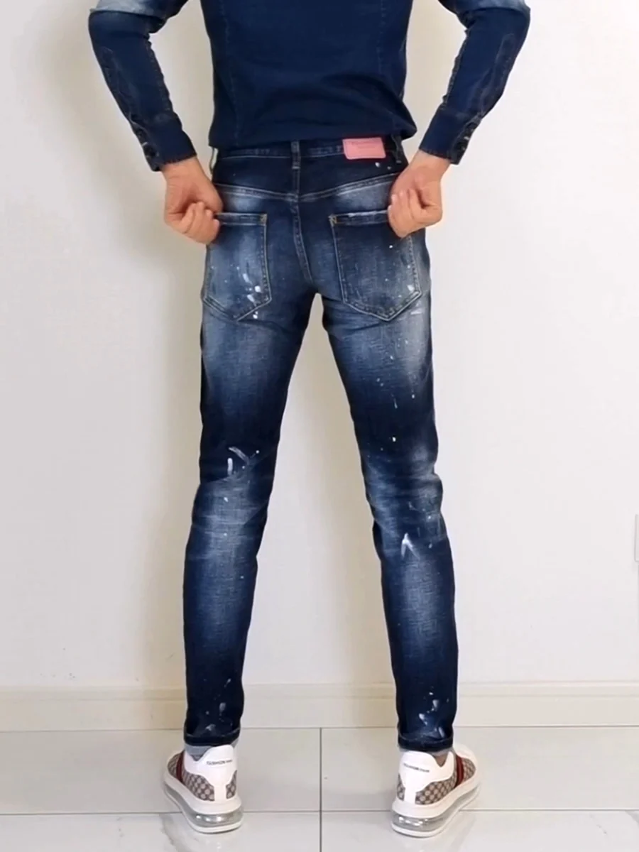 

American High-End Slim Fit Trendy Hole Paint Point Youth DSQ2 Waed Color Blo D2 Jeans Men's Trendy Brand Cotton Elastic D...
