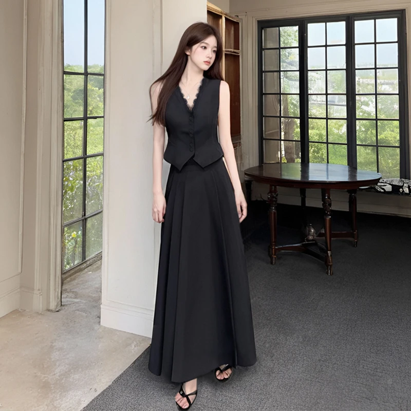 

Gothiscyn Commuter Set Women's Summer Lace V-neck Single Breasted Vest Top Long Pleated Skirt Two-piece Set Female Clothes