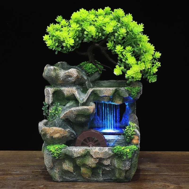 Multicolor LED Light Indoor Desktop Lucky Feng Shui Rockery Fountain Home Decor Living Room Flowing Water Waterfall Ornaments