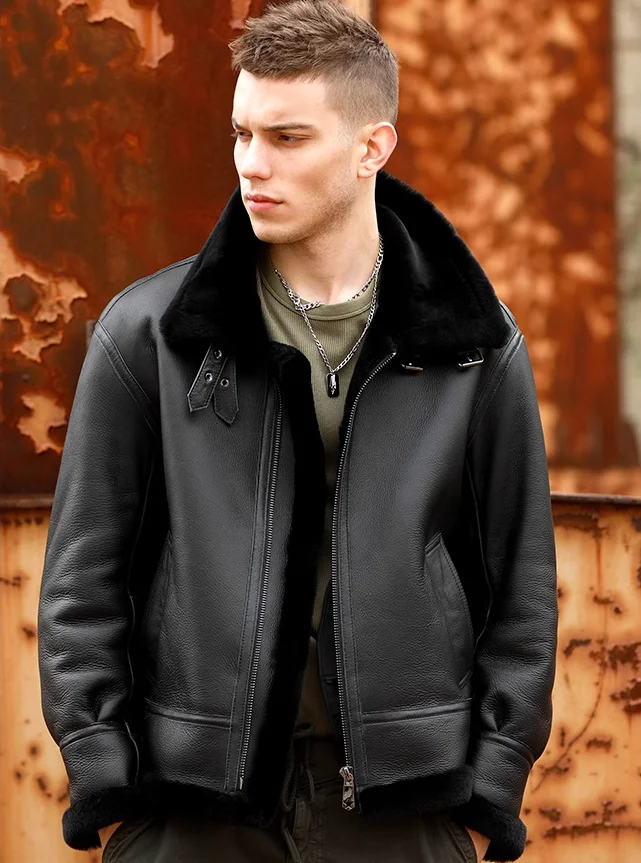 New 2024 Men\'s Winter Coat Natural Real Sheepskin Leather Jacket for Male Thick Wool Liner with a Hood Black Plus Size XXXXXXXXL