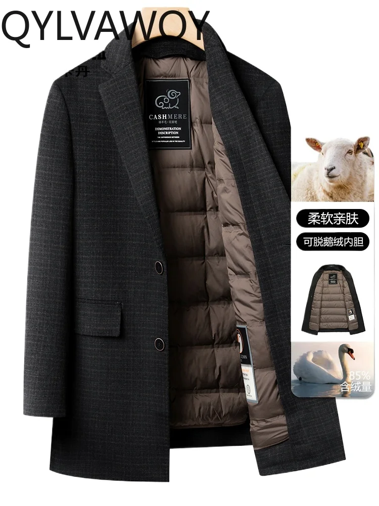 QYLVAWOY 70% WOOL Men's New Double-Sided Cashmere Coat Mid-Long Autumn Winter Thickened Goose Down Liner Woolen Outerwear LJ2062