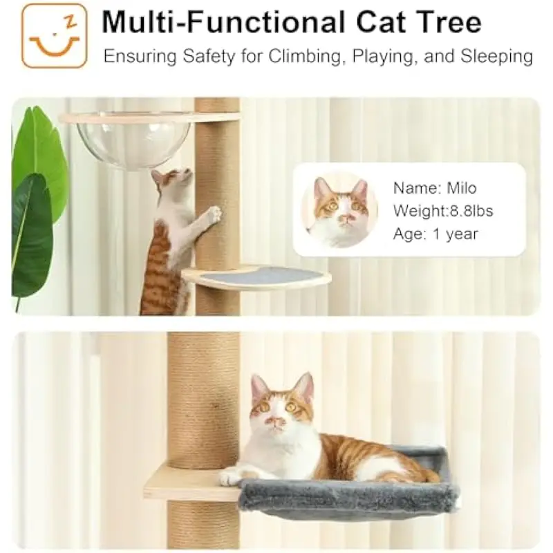 Tall Adjustable Cat Tower 6 to 10 Feet High | 6 Tier Vertical Climbing System with Hammock Capsule Perch Condo | Jute Wrapped Ru