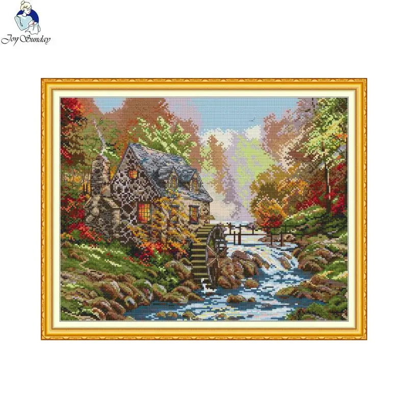 DIY Landscape Painting Riverside Mill Pattern Cross Stitch Kit Aida 14CT 11CT Print Fabric Needlework Joy Sunday Embroidery Set