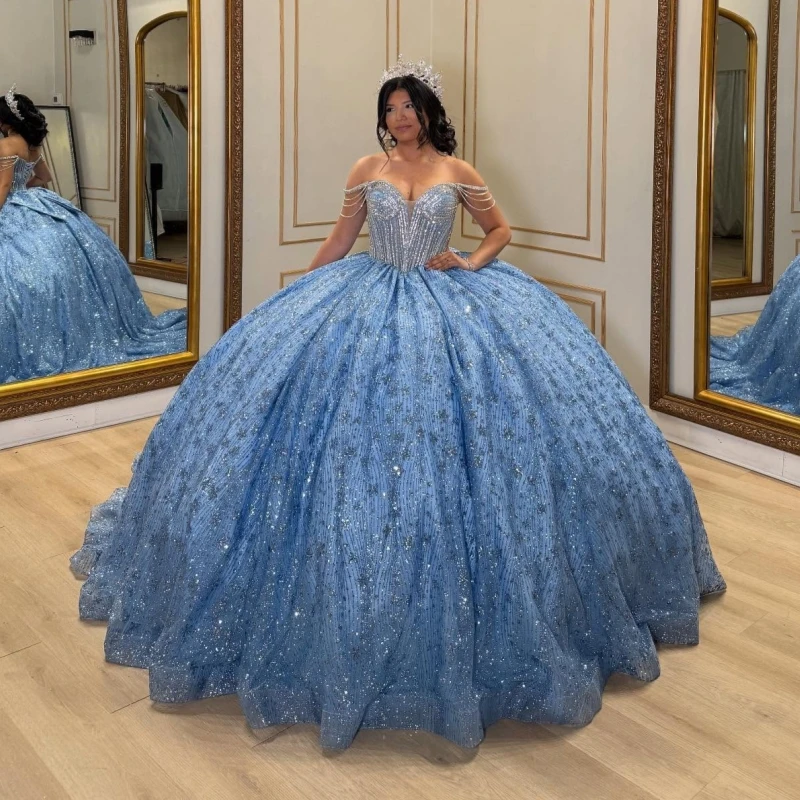 

Sky Blue Shiny Quinceanera Dresses Off The Shoulder Sequin Applique Lace Beading Crystal Bow Tull Party Birthday Sweet 16 Dres