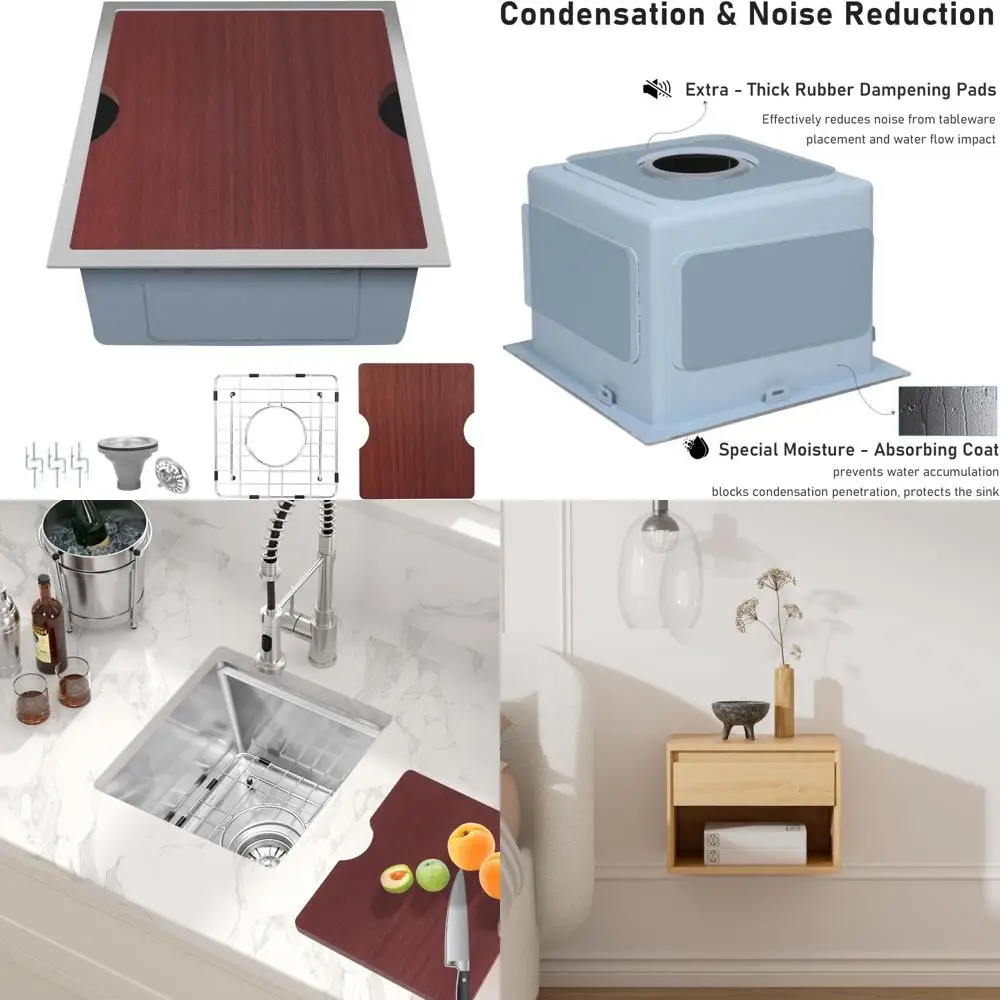 

Stainless Steel 13x15 Undermount Bar Sink, 18 Gauge, 9 Deep Basin, Single Bowl with Accessory for Small Kitchen Workstation