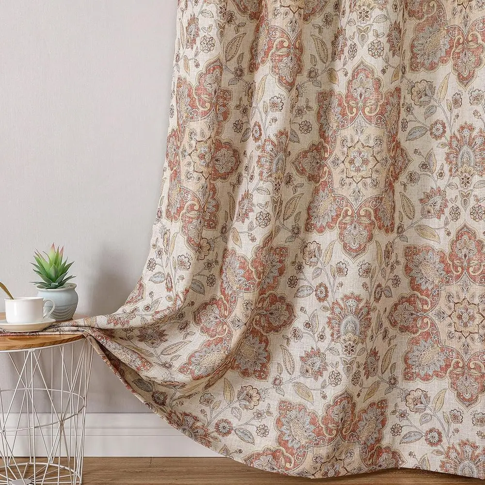 ヴィンテージレッドフローラルメダリオンカーテン 95インチ丈、光を透過する、グロメットトップ、54x95インチ ペア、ホームデコレーション用