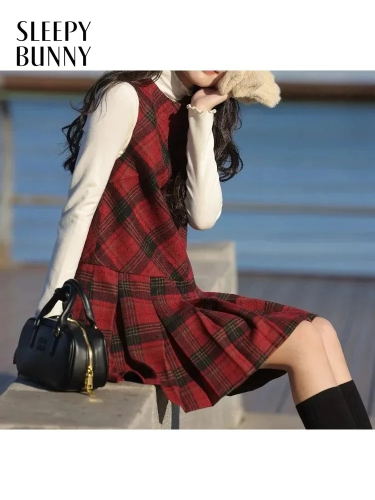 

Vintage Plaid Wool Dress Lady Sleeveless A-Line Mini Skirt Elegant Pleated Patchwork Jumper Dress for Women Autumn Preppy Outfit