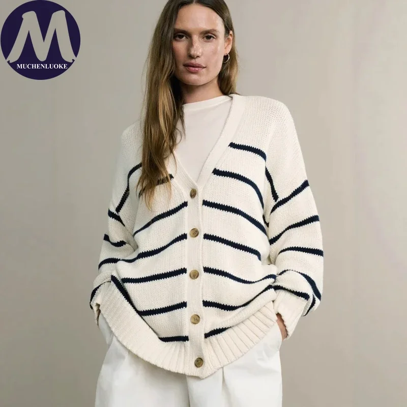 

Женский вязаный кардиган с V-образным вырезом, в полоску, на одной пуговице, свободного кроя, повседневный, теплый, модный, для осени и зимы