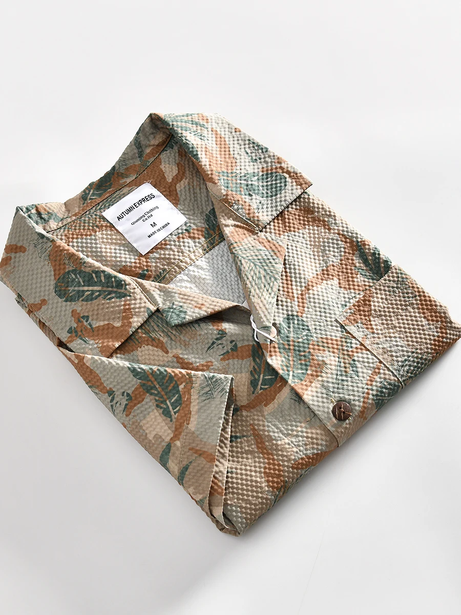  Line American Retro Summer Hawaii Beach Loose Short Sleeve Shirt Cuban Collar Print Breathable Youth Fashion Daily Wear
