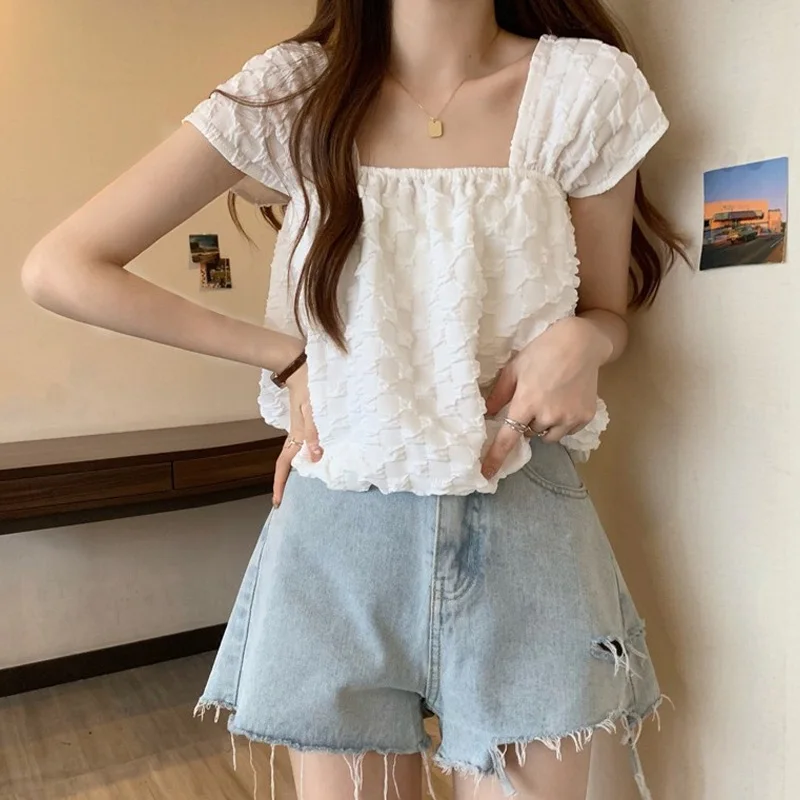 Women\'s Clothing 2023 Casual Korean Summer Thin Cute Sweet Young Style Pleated Solid Square Collar White Black Sleeveless Camis