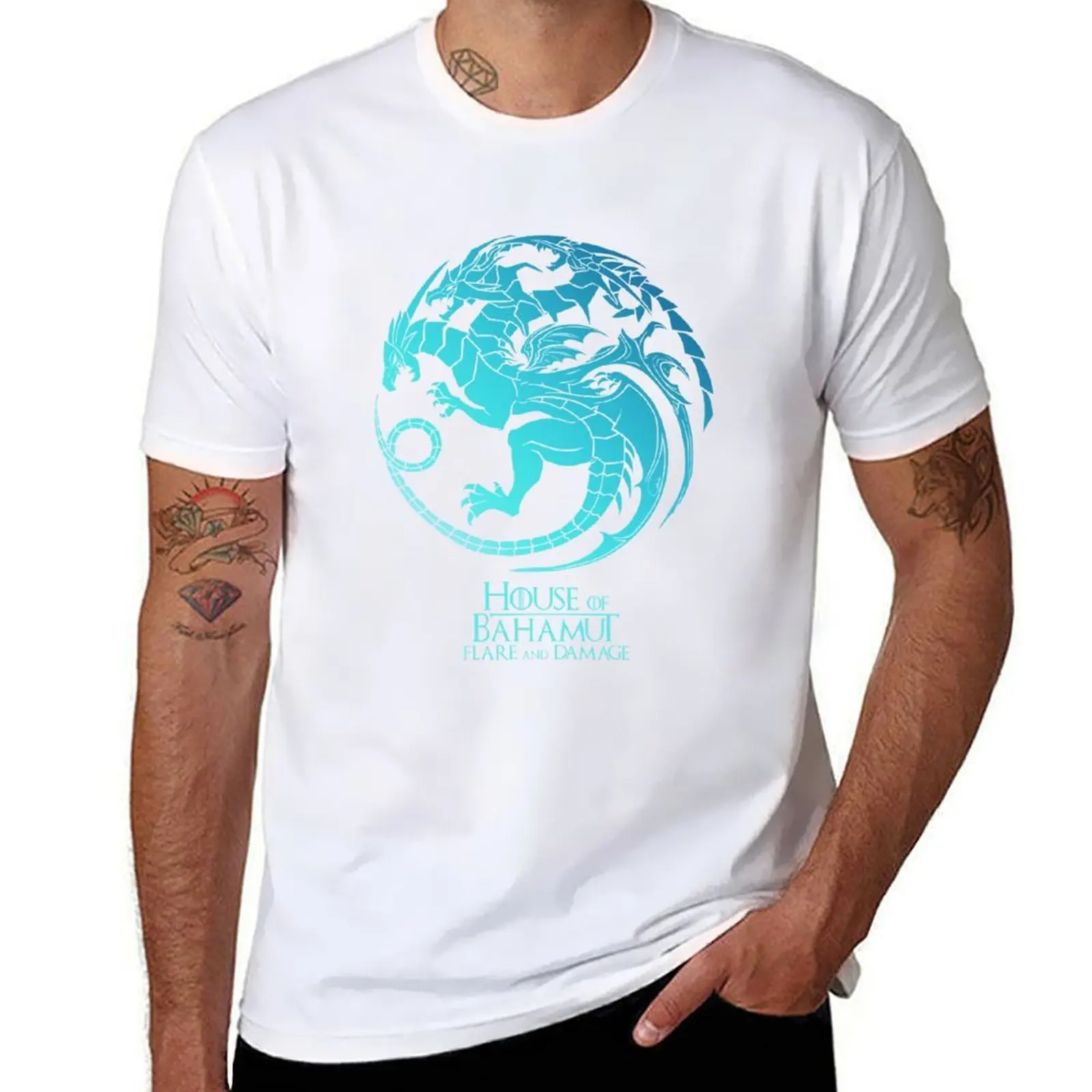 

House of Bahamut. Flare and Damage (grey turquoise). T-Shirt man t shirts for men casual t shirts for man slim fit T-Shirt