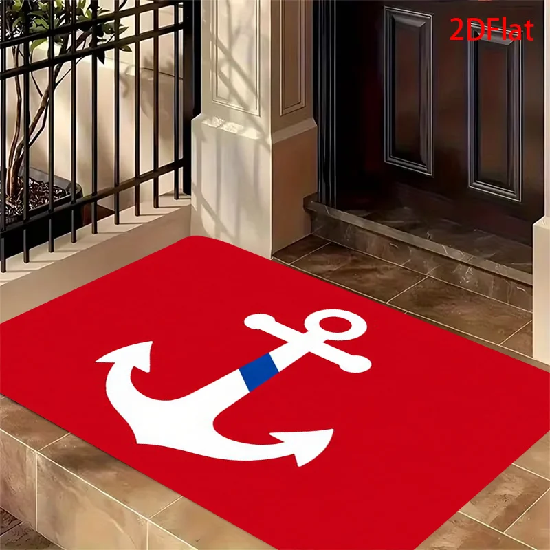 Red Anchor Nautical Doormat Mat Entrance Rug Welcome Decor Coastal Marine Pirate Theme Outdoor Indoor Beach House Mat