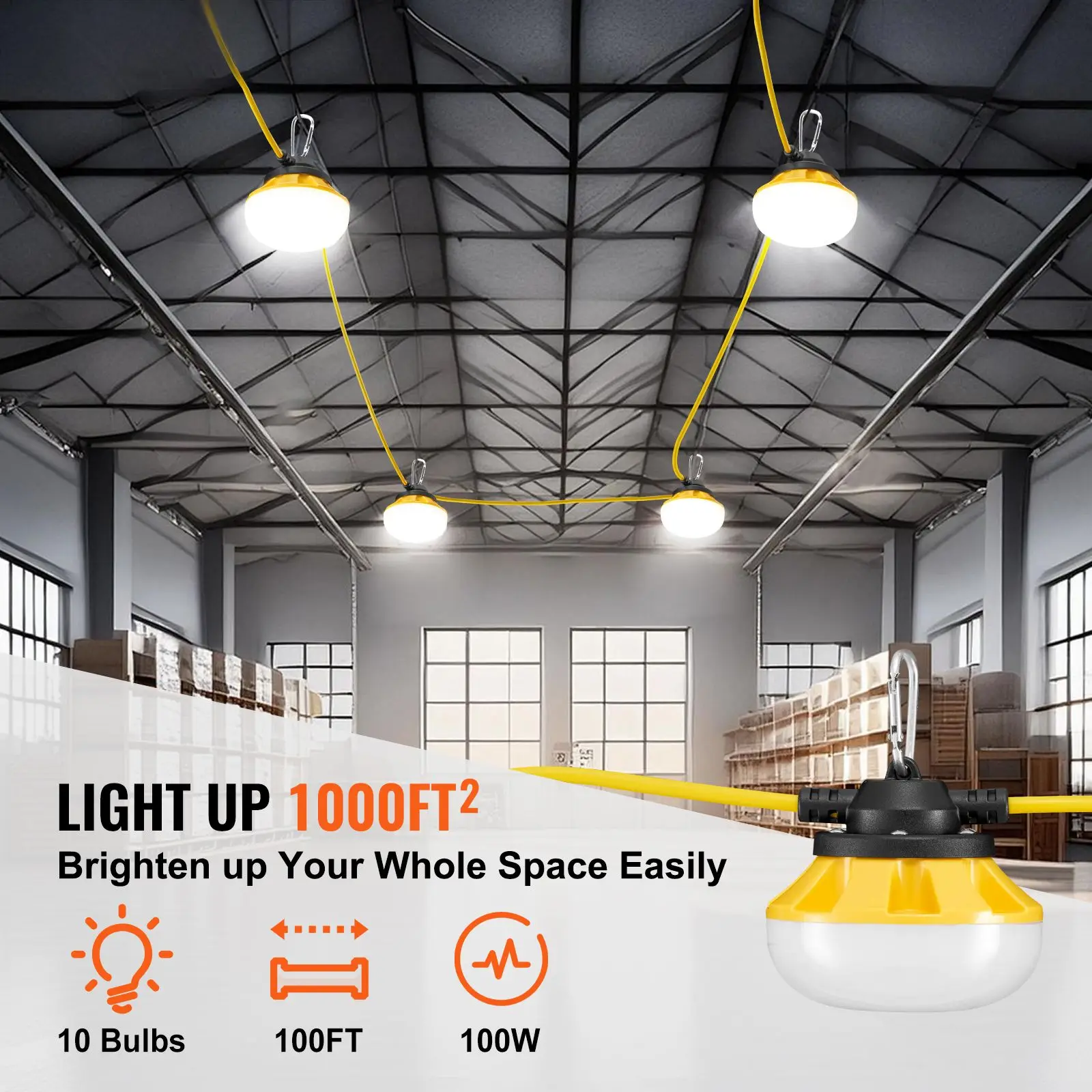 100FT Construction String Lights, 100W 10000LM, 10PCs String Work Light, 5000K, IP65 Waterproof, with Hanging Hooks, for Constru