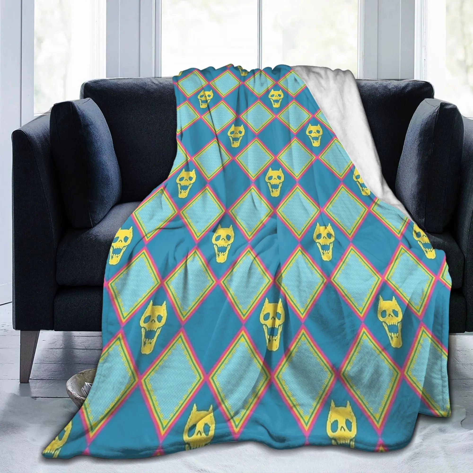 JOJOs Bizarre Adventure Fleece Throw Blanket Japanese Anime Argyle Check Blankets for Bedding Bedroom Ultra-Soft Bed Rug