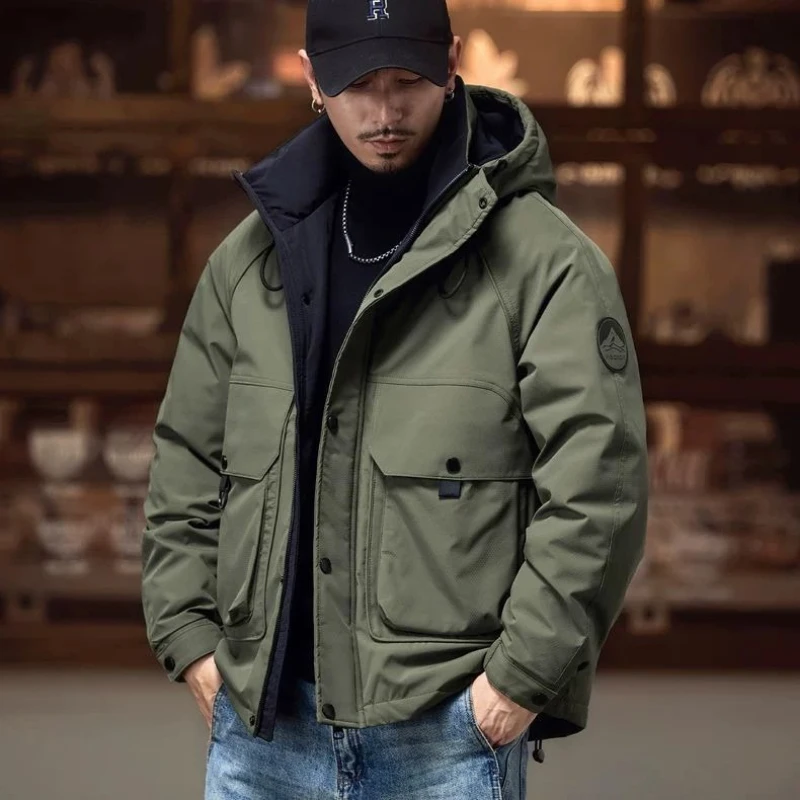 Jaket Pria Ukuran Besar Model Vintage Cargo, Jaket Tebal Hangat Musim Dingin, Jaket Bulu Angsa Tebal Berkerudung, Tahan Angin, Model Longgar, Mantel Baru