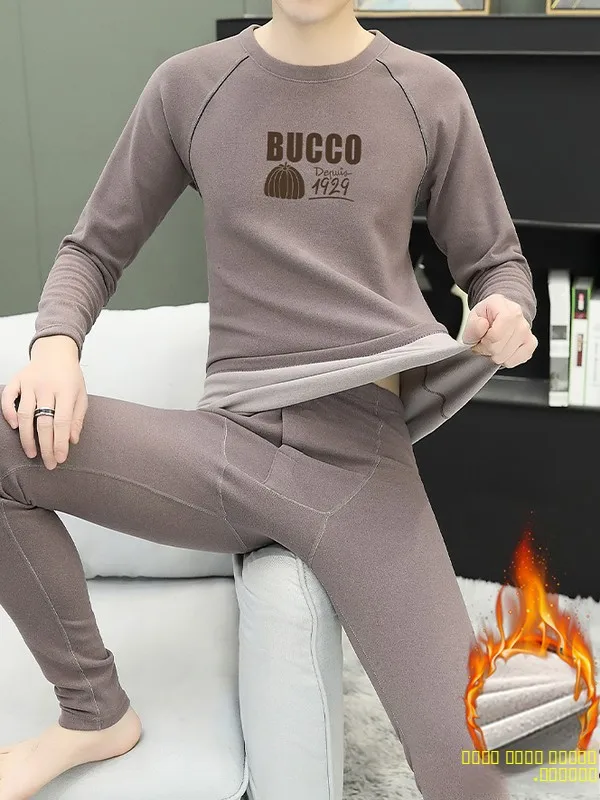 

Warmth Winter Thermal Underwear Set Men's round Ne Thiened Printed Double-sided Velvet Autumn Clothes Pants Long Sve