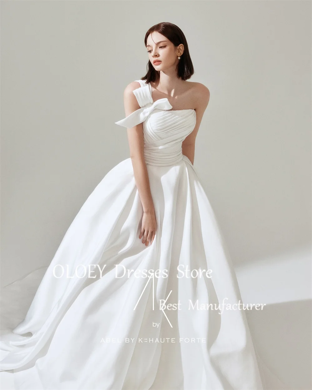 OLOEY Elegant Ivory A Line Wedding Dress Korea Photoshoot One Shoulder Sleeveless Bridal Gown Pleat Satin Floor Length Customizd