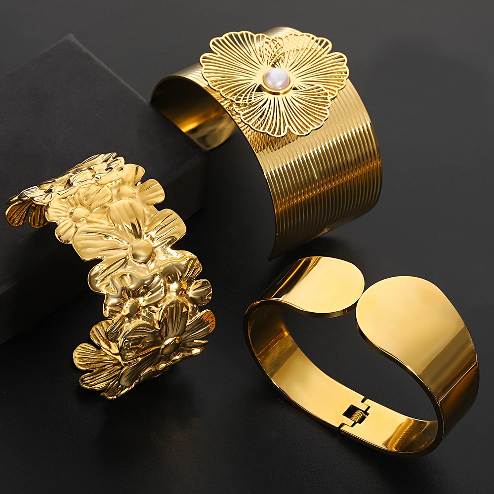 Chunky Punk Gold Color Charm Wide Stainless Steel Wide Bangle Bracelet for Women New Flower Geometric Chain Open Bangles Jewelry