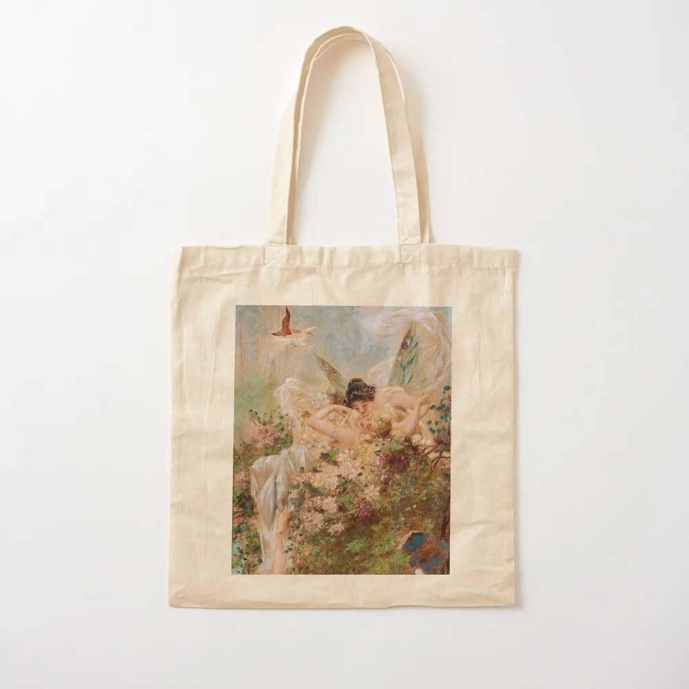 Two Fairies Embracing in a Landscape with a Swan Hans Zatzka Poster Tote Bag foldable reusable bag cute tote bag