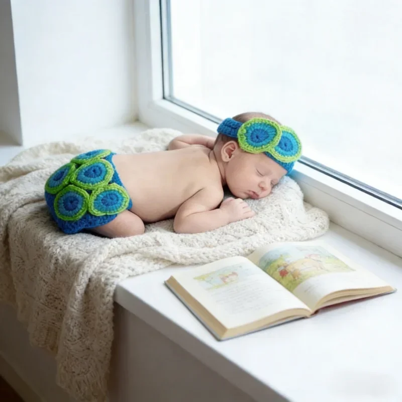 Handmade 36cm Blue Knitted Peacock Photography Props Set 0-6 Months Newborn Baby First Month Photo Kit Newborn Shoot Props