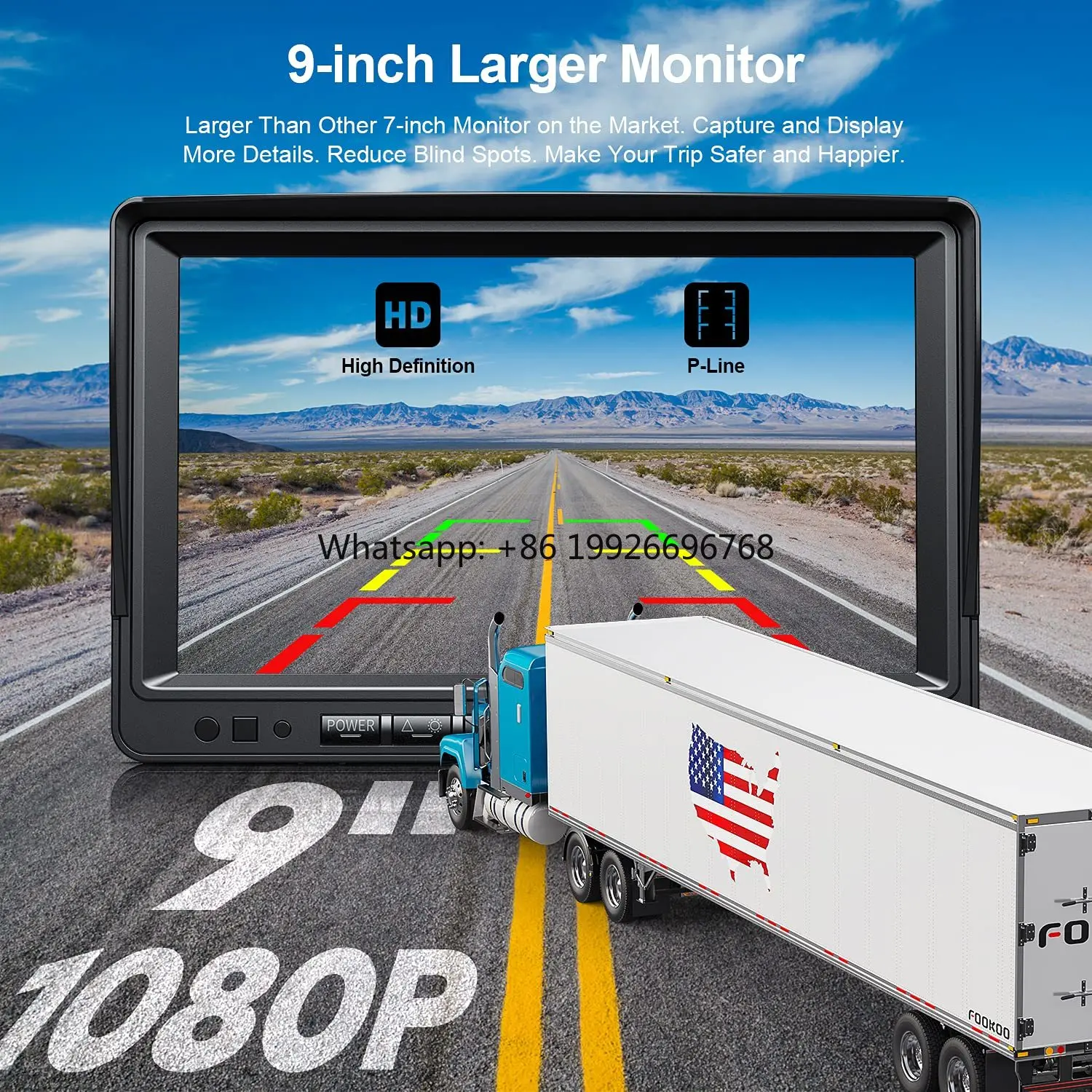 

1080P Wireless Backup Camera IP68 Waterproof 9 Inch Dual Split Screen Monitor with Parking Lines SD Card Recording for Truck RV