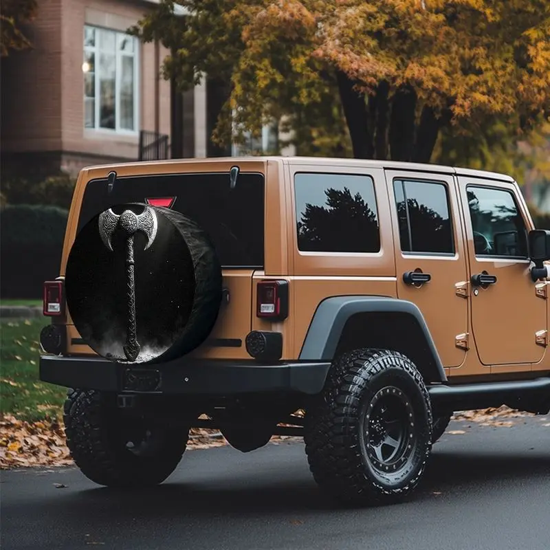 []Viking Style Battle Axe Pattern Polyester Fiber Car Spare Tire Cover, Dark Starry Night Sky Background, Celtic Knotwork Engrav