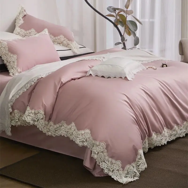 1000TC Egyptian Cotton Romantic French Flowers Lace Edge Luxury Bedding Set Duvet Cover Bed Sheet/Fitted Sheet Pillowcases 4Pcs