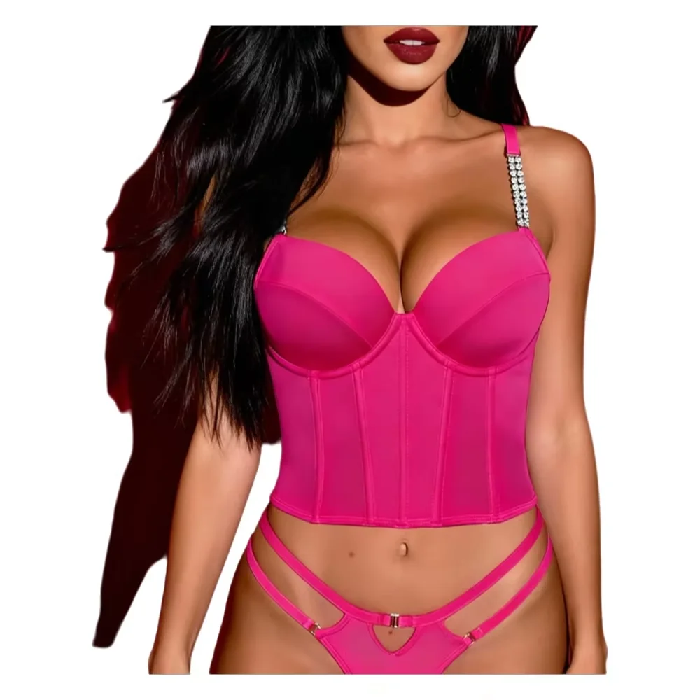 

CHUANGERM розово-красный прозрачный чувственный корсетный бюстгальтер, комплект нижнего белья с открытой спиной для женщин, 2026, 2 предмета