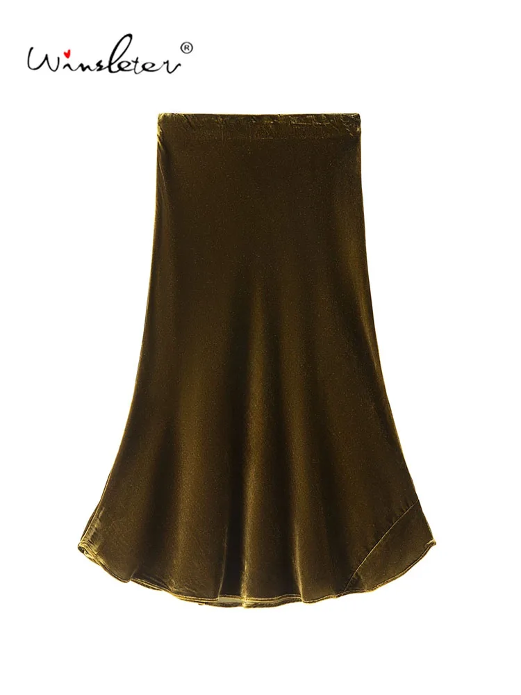 Winsleter-Silk Velvet Elegant Skirts, Elastic Waist Solid, Women Retro Temperament Chic Trumpet Skirt, 2026 Autumn New B68706CC
