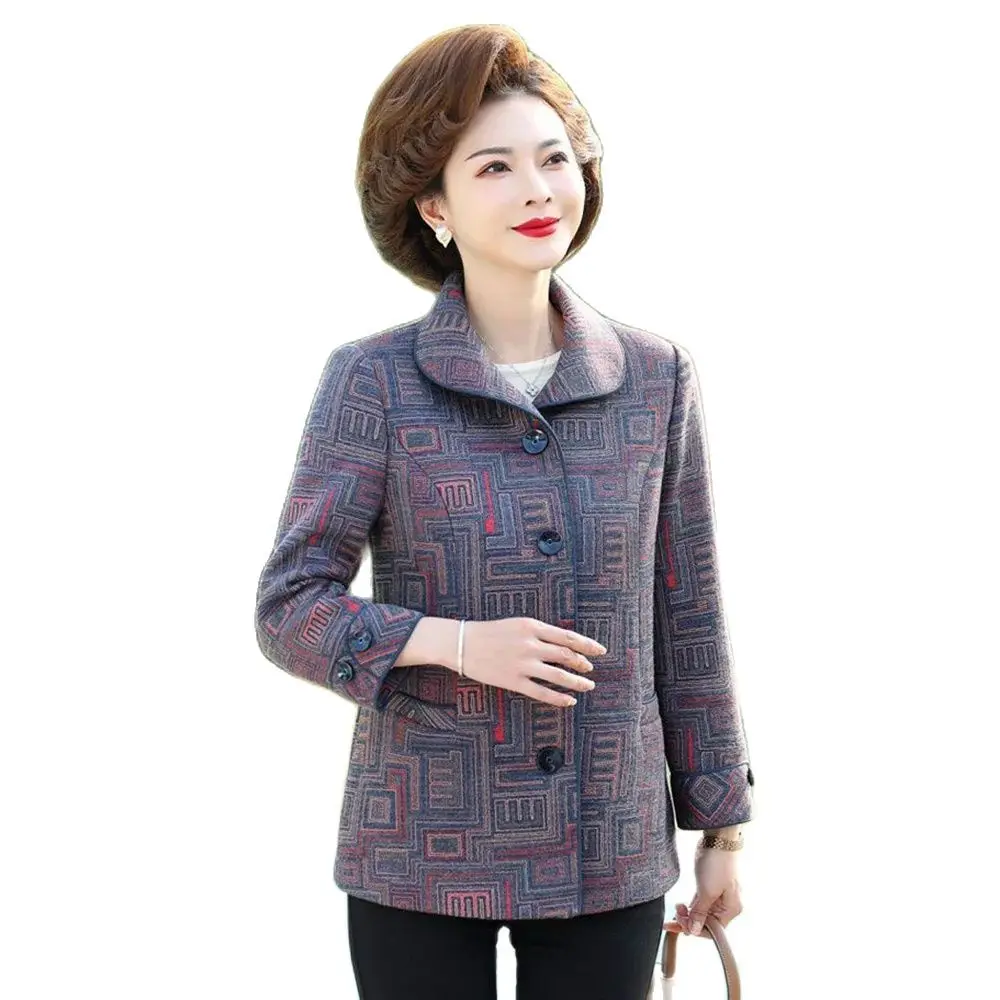 Mom's High-end Woolen Coat In Spring And Autumn 2024 New Middle-aged And Elderly Women's Long-sleeved Printed Woolen Coat Tide.