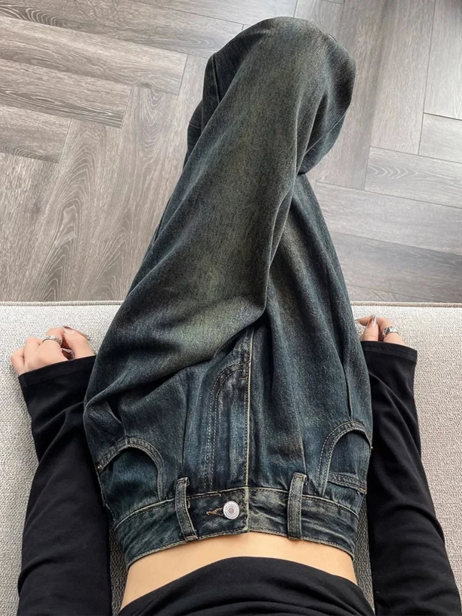 حجم كبير ارتفاع الخصر Fce اصطف مستقيم الساق الجينز المرأة الخريف الشتاء واسعة الساق الطابق طول السراويل العصرية جينز غير رسمي