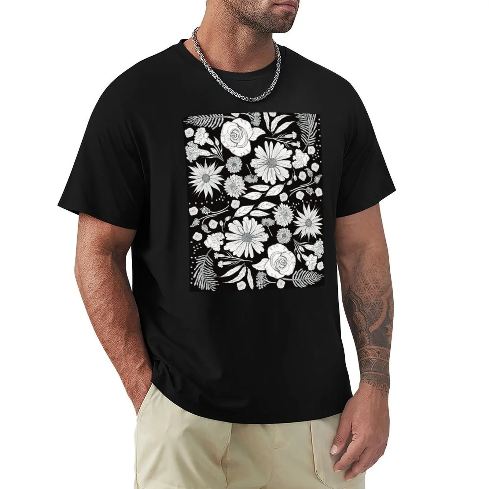 Floral Medley in Bloom White on Black T-Shirt mens graphic t shirts T-Shirt