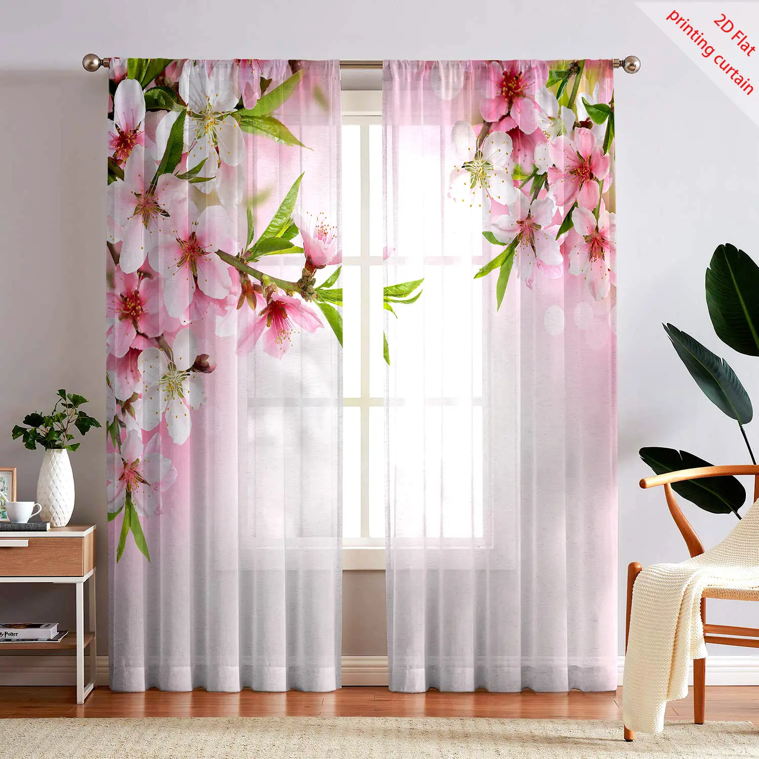 

Pink flower printed transparent gauze curtain, used for offices, bedrooms, living rooms, balcony windows, and home decoration